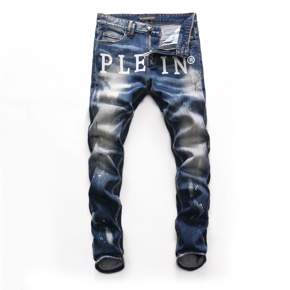 Philipp PLEIN® Logo Jeans Men’s Distressed Blue Denim Slim Fit Luxury Design